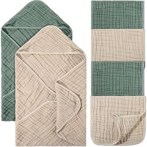 6 Pcs Baby Muslin Hooded Bath Towels and Washcloths, 32 x 32 Inch Muslin Cotton Hooded Baby Towels Absorbent Hooded Blankets for Gift Newborn Infant Shower (Beige,Green)