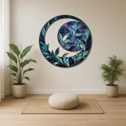 Crescent Moon Metal Wall Art - Celestial Round Decor with Leaf Accents - Modern Boho Decor for Living Room, Bathroom, Bedroom Outdoor Spaces