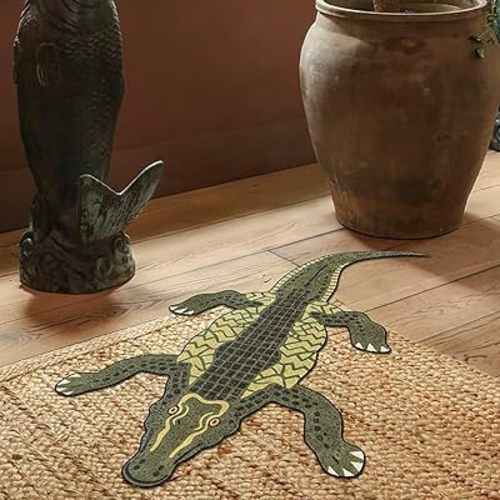 Irregular Crocodile Area Rug for Bedroom 2x4 ft Funky Crocodile Inspired Animal Print Rug for Living Room Non-Slip Washable Green Crocodile Carpet