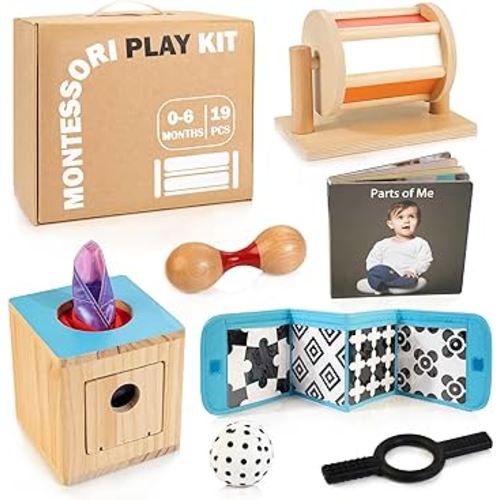 Montessori Toys for Babies 0-6 Months, 8 in 1 Learning Educational Sensory Toys for Newborn 0-3-6 Months, Includes Tissue Box, High Contrast Baby Toys, Spinning Drum, Teether and More