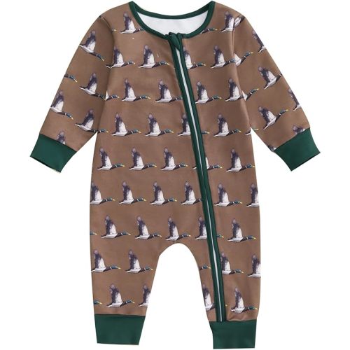 Biayxms Infant Baby Boy Girl Mallard Duck Romper Jumpsuit Long Sleeve Zip Up Duck One Piece Overalls Hunting Baby Clothes