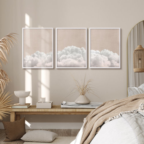 SIGNLEADER 3 Piece Framed Cloud Wall Art Set - Neutral Sky White Cloud Prints for Bedroom, Nursery or Living Room Decor | Wayfair