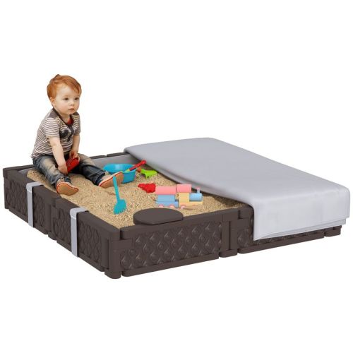 Qaba Sandbox for Kids, Outdoor Sand Pit with Cover, 4 Corner Seats, Bottom Liner for Backyard, Garden, 47" x 47" x 9", Dark Brown