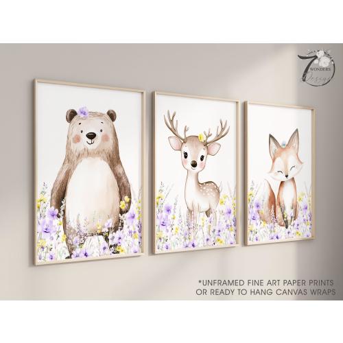 Woodland Animals Nursery Art Prints, Boho Purple Yellow Flowers, Set of 3 UNFRAMED Prints or Canvas