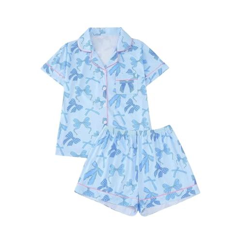 WDIRARA Women's 2 Piece Bow Print Pajama Set Short Sleeve Button Down Lounge Shorts Sleepwear Sets