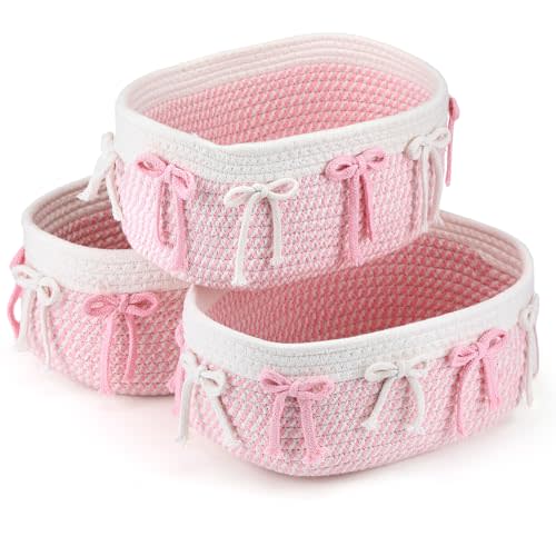 Geelin 3 Pcs Pink Bow Easter Baskets for Gift Cute Woven Rope Gift Baskets Rectangle Shelf Organizer Laundry Hamper Storage Bins for Closet Bedroom Nursery Toys Organizing, 11.8''x7.8''x4.7''