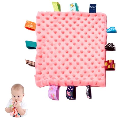 Baby Security Blanket with Colorful Tags Soft Plush Blanket, Soothing Sensory Pink Appease Blankets Infant Tag Toy(10 x 10 inches)