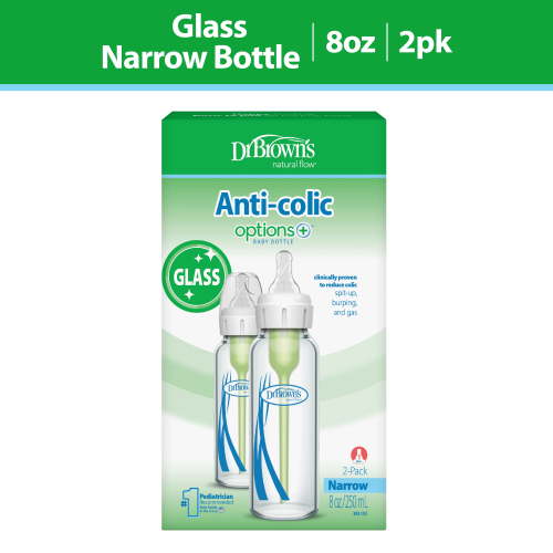 Dr. Brown's Natural Anti-Colic Glass Baby Bottle, 2 Pack, 8 oz with Slow Flow Nipple, 0m+