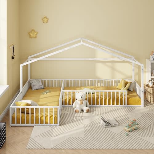 RUNNA Double Twin Size L-Shaped Montessori Bed,Metal Corner House Bed Frame with Fence,House-Style Floor Bed for 2 Kids,Without Slats (White#73)