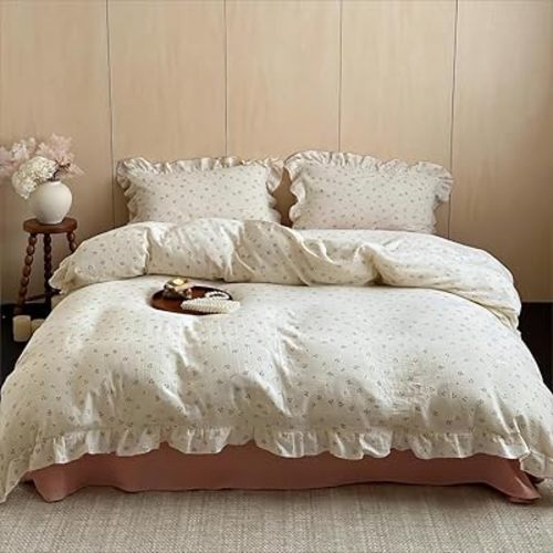 BuLuTu Girls Duvet Cover Full Muslin Duvet Covers for Kids Toddlers Chic Flower Print Comforter Cover Ruffles Bedding Quilt Protector Primrose Pattern, Zipper Closure, 79"x90" (No Filler)