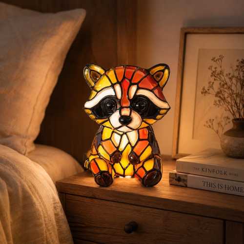 Resin Raccoon Night Light for Animal Lovers, Mosaic Style Bedside Lamp with Warm Glow, Woodland Nursery Decor Gift