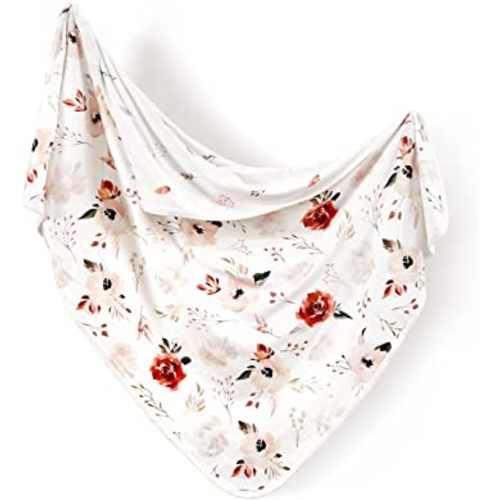 GRSSDER Baby Blankets Super Soft Stretchy Jersey Knit Swaddle Blanket for Baby Girls, Double Layer Reversible Receiving Blankets 34 x 44, Extra Large for Swaddling, Rose Flora Orange Pink