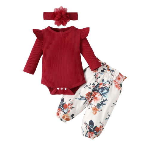 Odeerbi Baby Girls Clothes Infant Ruffle Long Sleeve Floral Print Bodysuit 3PCS Baby Layette Set
