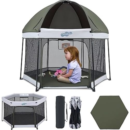 Pamo Babe Baby Playpen with Sun Protection Canopy - Indoor & Outdoor Play Yard for Babies and Toddlers - Baby Tent with Zipper Door