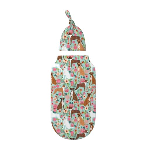 New Born Hospital Outfit Infant Shower Gift,Boxer Dogs Lovers Flower Floral Baby Girl Swaddle Blanket Set with Headband Hat,Baby Stuff Receiving Blanket Gifts, 0-6 Months