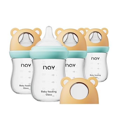 yanyoyo Natural Glass Baby Bottle for Breastfeeding Babies, 5.4oz Anti-Colic Baby Bottle with Natural Response Nipple(S), Clear, Wide Neck, 4 Pack, 1 Months+