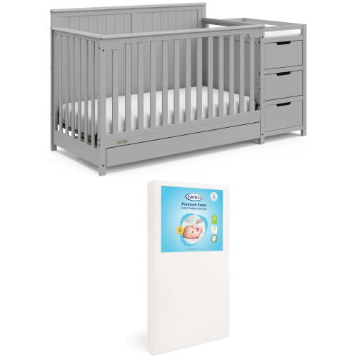 Graco Hadley 5-in-1 Convertible Crib and Changer and Premium Crib & Toddler Mattress Bundle, Pebble Gray