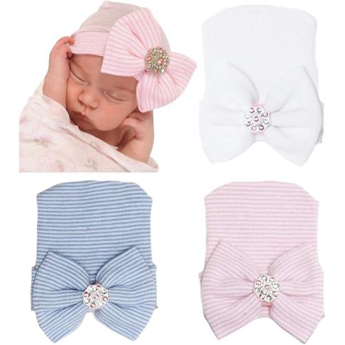 DRESHOW BQUBO Newborn Hospital Hat with Bow Cotton Infant Baby Cap Soft Cute Nursery Beanie Hat for Baby Girl Boy 0-3 Months