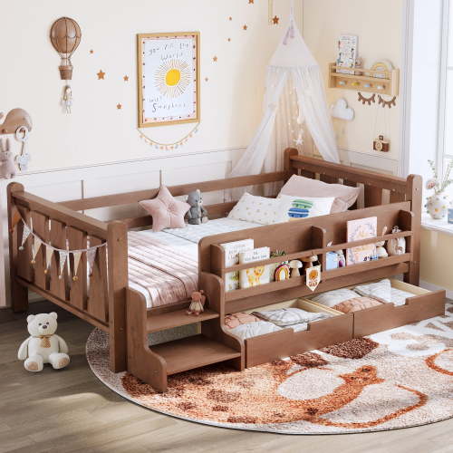 Luckynote Twin Size Floor Bed with Storage Bookcases and Drawers, Solid Wood Floor Bed with Cute Stairs and Guardrails, No Box Spring Needed, Natural