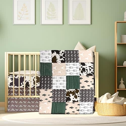 3 Piece Patchwork Western Crib Bedding Set for Boys Girls Cow Cactus Print Baby Bedding Barnyard Western Nursery Decor Soft Baby Bed Set Includes Quilt Fitted Crib Sheet Bed Skirt (Cowgirls)