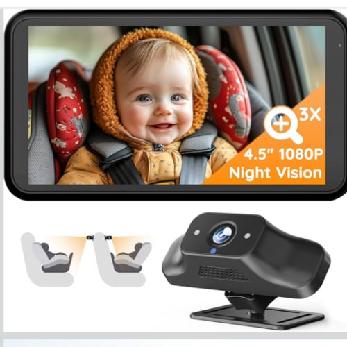 Babyvue BC1 Baby Car Camera, 4.5" 1080P HD Screen & 3X Zoom, AUTO IR Night Vision Car Baby Monitor with Adjustable Brightness, 2-Min Easy Install Car Seat Camera for Babies & Pets to Drive Safely