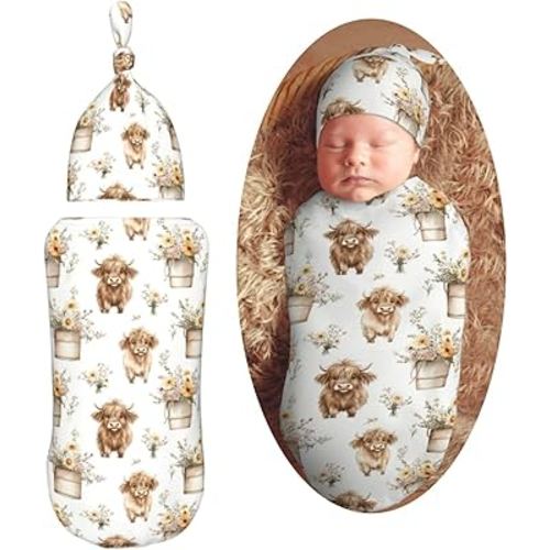Watercolor Highland Cows Newborn Swaddle Blankets Hat Sets Soft Baby Receiving Blanket Swaddle Sack for Baby Shower Infant Boy Girl Gift