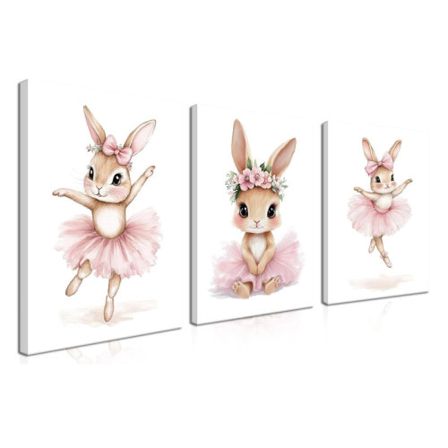 Mercer41 Baby Nursery Wall Decor, Easter Nursery Canvas Wall Art Paintings Set Of 3, Cute Animal Pink Bunny Posters Prints Pictures For Room, Bedroom, Home Decor 12X16 In Framed | Wayfair