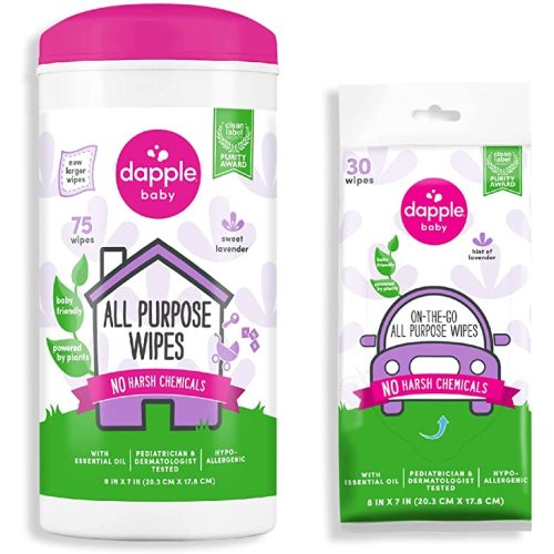 Dapple Baby All Purpose Wipes, Plant Powered, Hint of Lavender, Hypoallergenic, 75 Count Canister (Pack of 2) + 30 Count (Pack of 2)