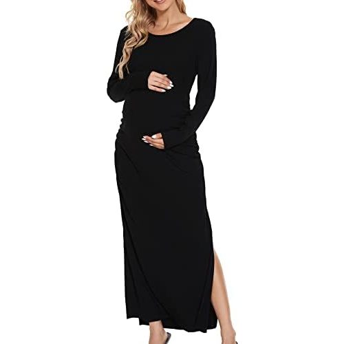 Smallshow Women's Split Maternity Dress Long Sleeve Ruched Pregnancy Clothes