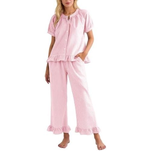 Flygo Womens Striped Pajama Sets 2 Piece Cotton Pjs Lounge Set Ruffle Button Down Tops Long Pants Soft Sleepwear with Pockets