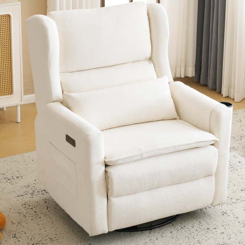 Oversized Swivel Rocker Nursery Recliner, 26" Extra Wide Glider Chair with Adjustable Headrest, Chenille Power Recliner Rocking with Double Cushion, Cup Holder, White