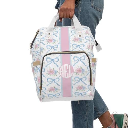 Custom Floral and Bows Monogram Multifunctional Diaper Backpack, Preppy Diaper Bag, Custom Baby Shower Gift, Personalized Diaper Bag