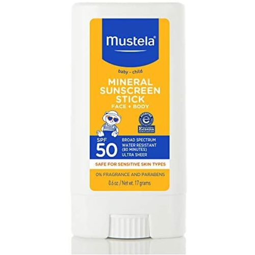 Mustela Baby Mineral Sunscreen Stick SPF 50 Broad Spectrum - Face & Body Sun Stick with 70% Organic Ingredients - Ultra Sheer, Water Resistant & Fragrance-Free - 0.6 oz.