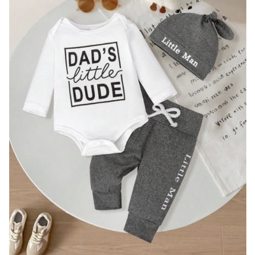 SHEIN Playful Pals 3pcs/Set Genkimix Newborn Baby English Letter Long Sleeve Romper + Bowknot Belt Pants + Adorable Hat Casual Outfit