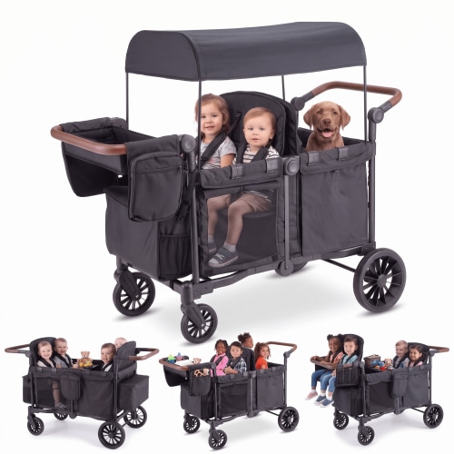 SACVON 4-in-1 Baby Stroller Wagon, 4-Seat Convertible Wagon for Kids with Removable Canopy, Cooler Bag, Adjustable Handle, for Outdoor Camping & Travel, Black