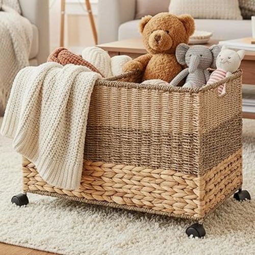 23×17.5×16 in Wicker Storage Trunk with Wheels and Lid, Heavy Duty Rolling Wicker Basket for Blankets Large Toy Chest Water Hyacinth Woven Blanket Bin for Bedroom, Laundry Room