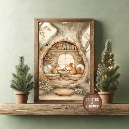 Squirrel Wall Art, Cozy Whimsical Woodland Bookish Cottagecore Forest Poster, Unframed Vertical Home Decor Gift Printed and Shipped