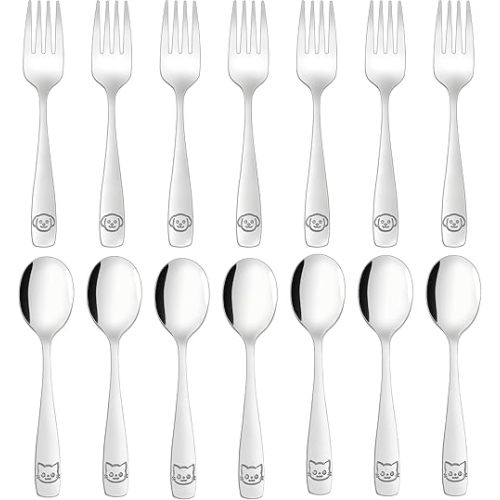 Stainless Steel Toddler Utensils Set - 14 Pcs Kids Silverware, Safe Food Grade, Mirror Polished, Dishwasher Safe, Perfect for Little Hands, Trendy & Durable.