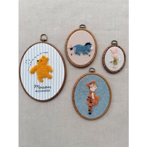 Custom Winnie the Pooh Nursery Wall Art – Handmade Needle Felt Hoop Set with Pooh, Tigger, Piglet & Eeyore – Personalized Baby Shower Gift