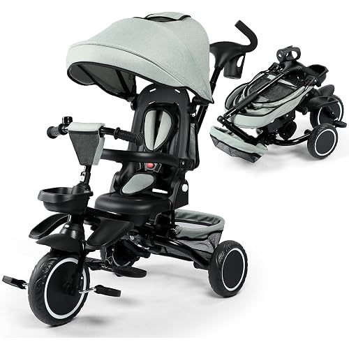 Kinder King Kids Tricycle, 8 in 1 Folding Toddler Trike w/Adjustable Push Handle, Rotatable Seat, Adjustable Canopy, Bell, Five-Point Harness, Storage, Toddler Bike for Age 1-5, Green