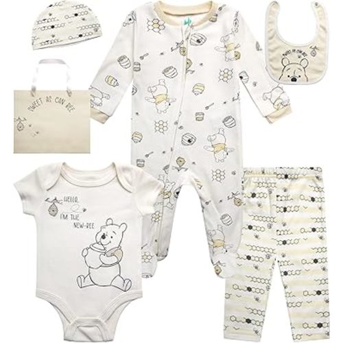 Disney Newborn Baby Girl Boy Clothes - 7 Piece Mickey Mouse Winnie the Pooh Bib Onesie Overall Beanie Pants Gift Bag Gift Set