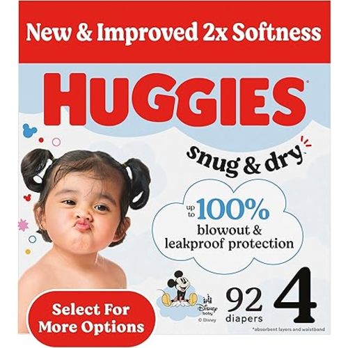 Huggies Size 4 Diapers, Snug & Dry Baby Diapers, Size 4 (22-37 lbs), 92 Count, Packaging May Vary