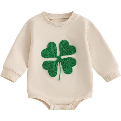 Lesimsam Newborn Baby Boy Girl St. Patrick's Day Outfit Clover Embroidery Sweatshirt Romper Oversized Long Sleeve Romper Top