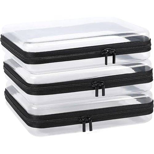 3 Pack Clear Hard Shell Zipper Case, Clear Zipper Pouches Waterproof Makeup Organizer & Travel Toiletry Bag, Plastic Pouch for Travel Office Storage, Black Large Size