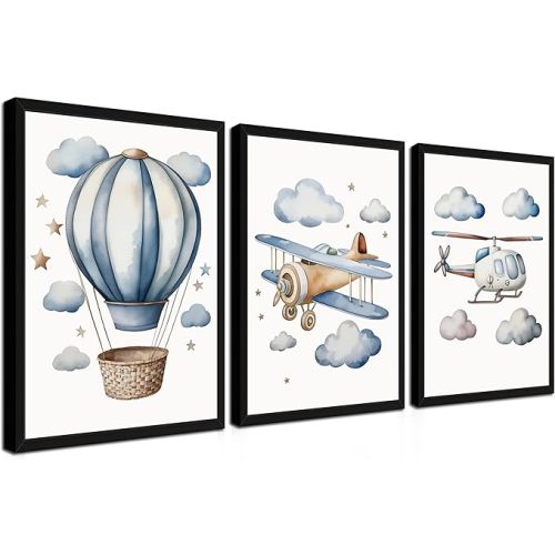 Baby Boy Nursery Wall Art Set of 3, Vintage Blue Travel Boys Room Wall Decor Paintings, Toddler Hot Air Balloon Plane Helicopter Posters Prints Pictures for Kids Room Bedroom 12x16 Inch Wood Framed