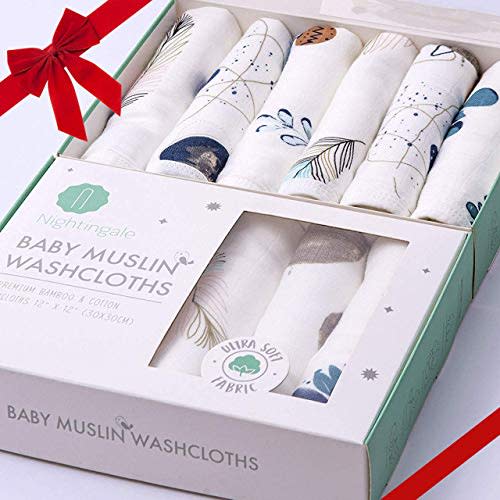 Nightingale Muslin Bamboo Baby Washcloths - Soft Organic Baby Wash Cloths Perfect for Newborn Sensitive Skin - Absorbent Baby Wipes, Burp Cloths or Face Towels - 6 Pack (Feathers)