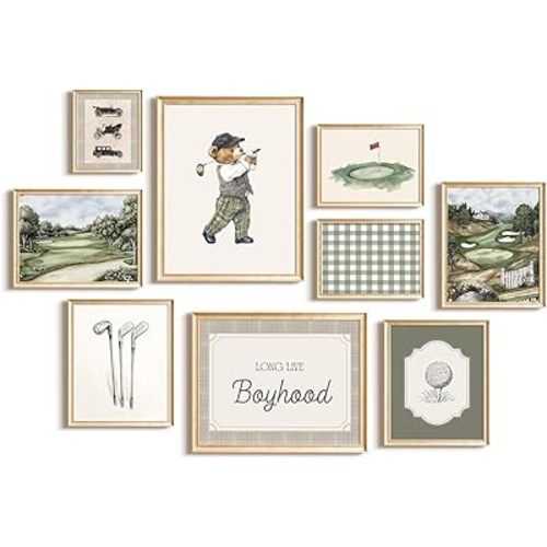 Vintage Sports Nursery Wall Art Decor Golf Teddy Bear Canvas Pictures Toddler Boy Room Wall Decor Sports Animal Poster Baby Boy Nursery Prints Vintage Golf Artwork for Bedroom 8x10x9 Inch Unframed