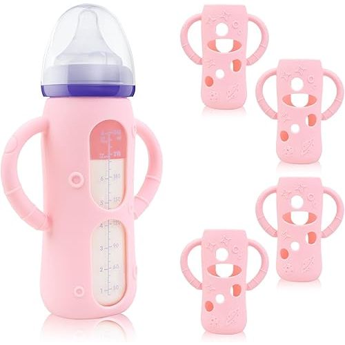 ZCH 4-Pack Silicone Sleeves with Handles for Lansinoh Glass Bottles, BPA-Free Drop-Resistant Baby Bottle Sleeves with Handles, Compatible with Lansinoh Anti-Colic Glass Baby Bottles (8 oz)