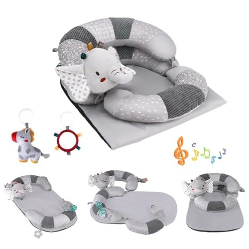 3-in-1 Tummy Time Pillow and Seated Support Playmat with Detachable Early Sensory Toys for Infant, Sitting Support to Prevent Reflux, Portable Gifts for Newborn Boys and Girls (Gray)
