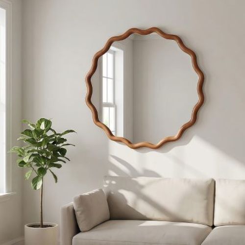 KTMBDW Walnut Round Wavy Edge Mirror - 24'' Circle Wall Mirror with Wood Frame, Decorative Hanging/Leaning Mirrors for Bathroom, Bedroom, Hallway